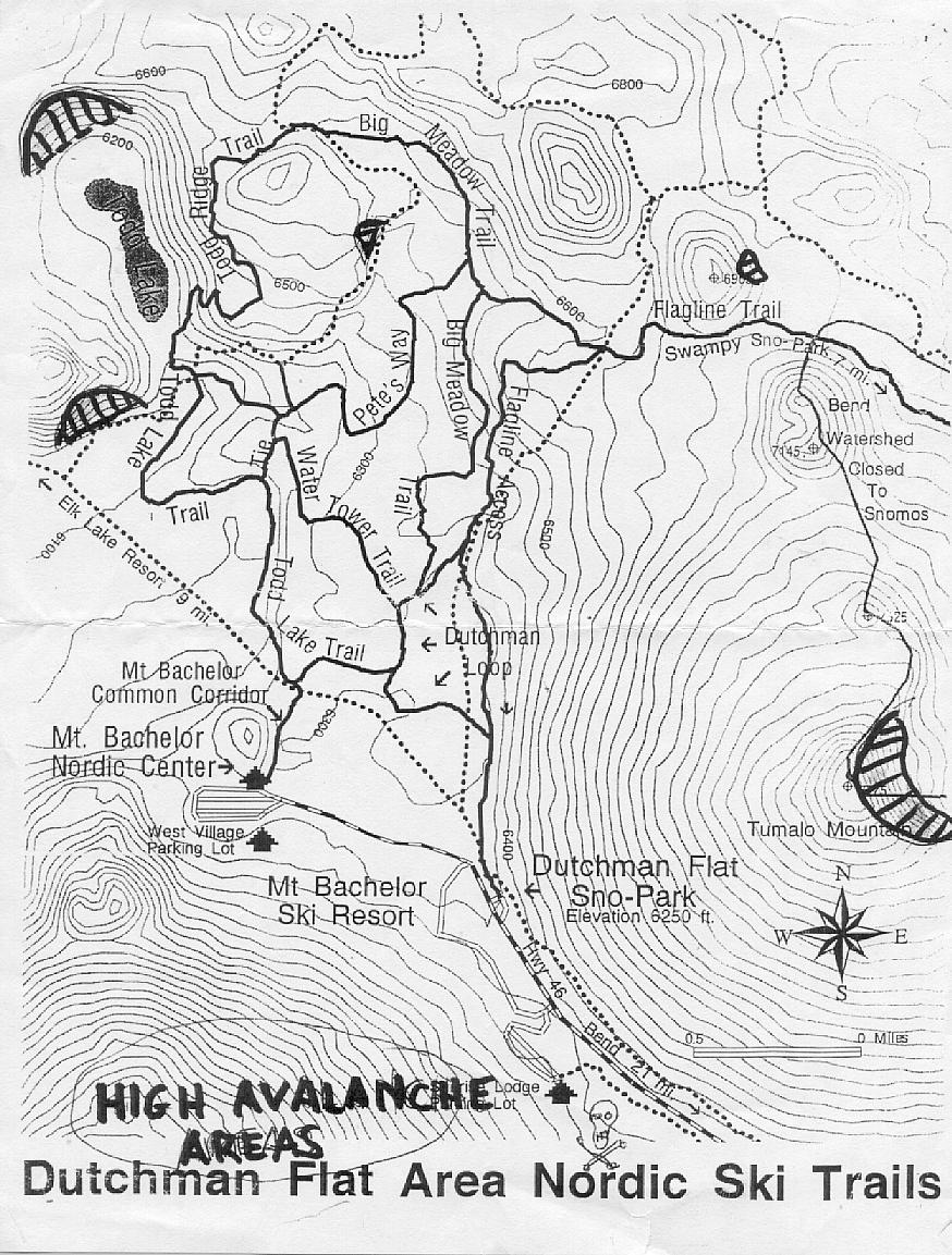 Map of known backcountry avalance slopes near Dutchman Flat